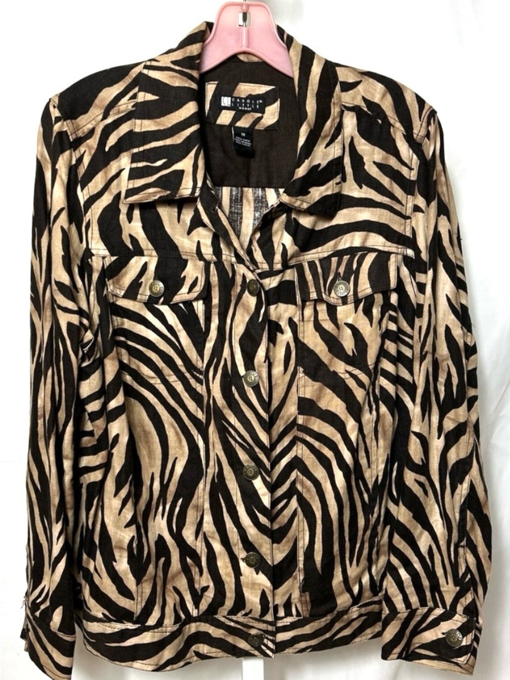 Carole Little Women's Size 1X Black Brown Animal Print Button Linen Shirt Jacket